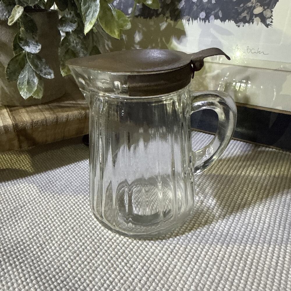 Antique Primitive Early Ribbed Glass Pouring Syrup Pitcher with Tin Lid